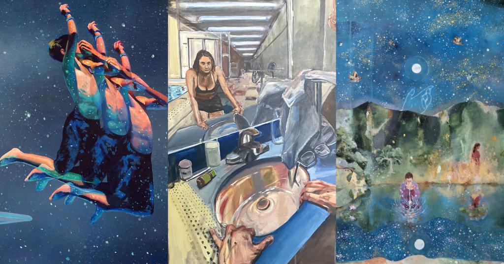 A collage graphic made up of three artworks. The first a painting of a child jumping in the air with their image repeated three times and overlapped. The second a painting of a person starting at themself in a mirror inside of a gym. The third a painting of a pool of water in nature with stars reflected in its surface with a person drinking from the pool.